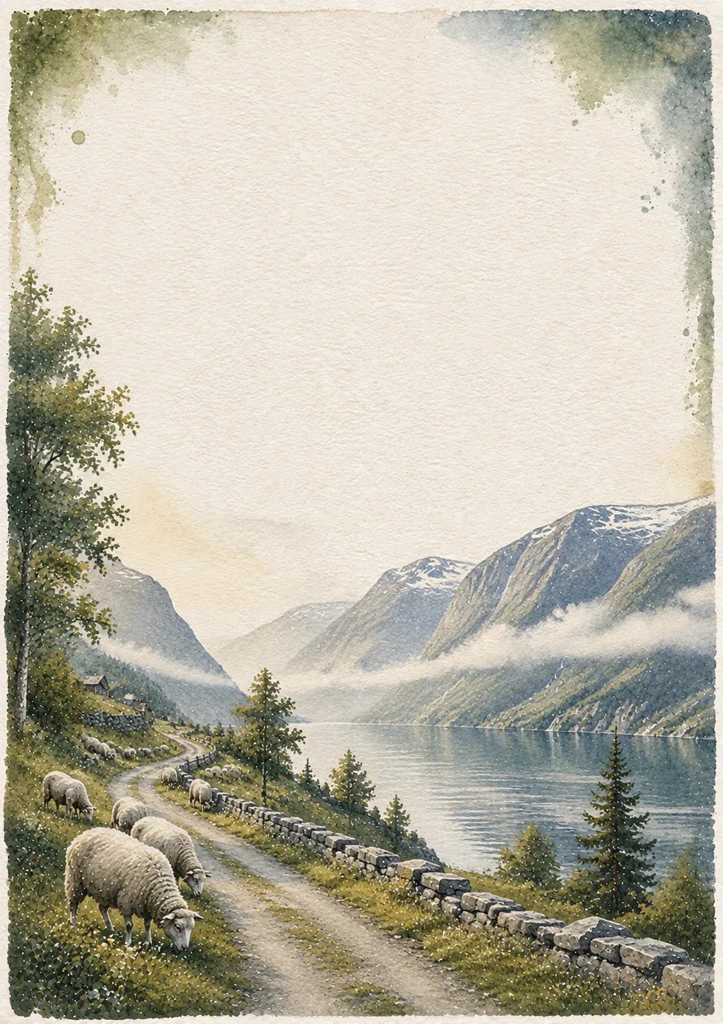 Watercolor paper border showing fluffy sheep grazing beside a dirt road near a peaceful fjord.
