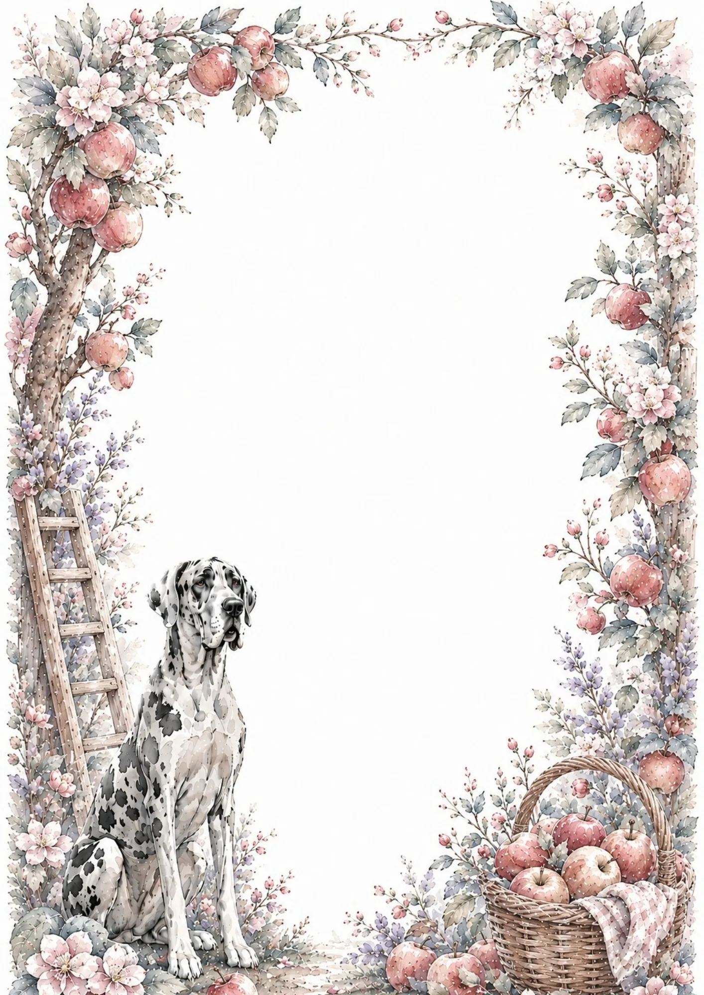 Watercolor Great Dane sitting next to an apple orchard border filled with ripe red apples and blossoms.