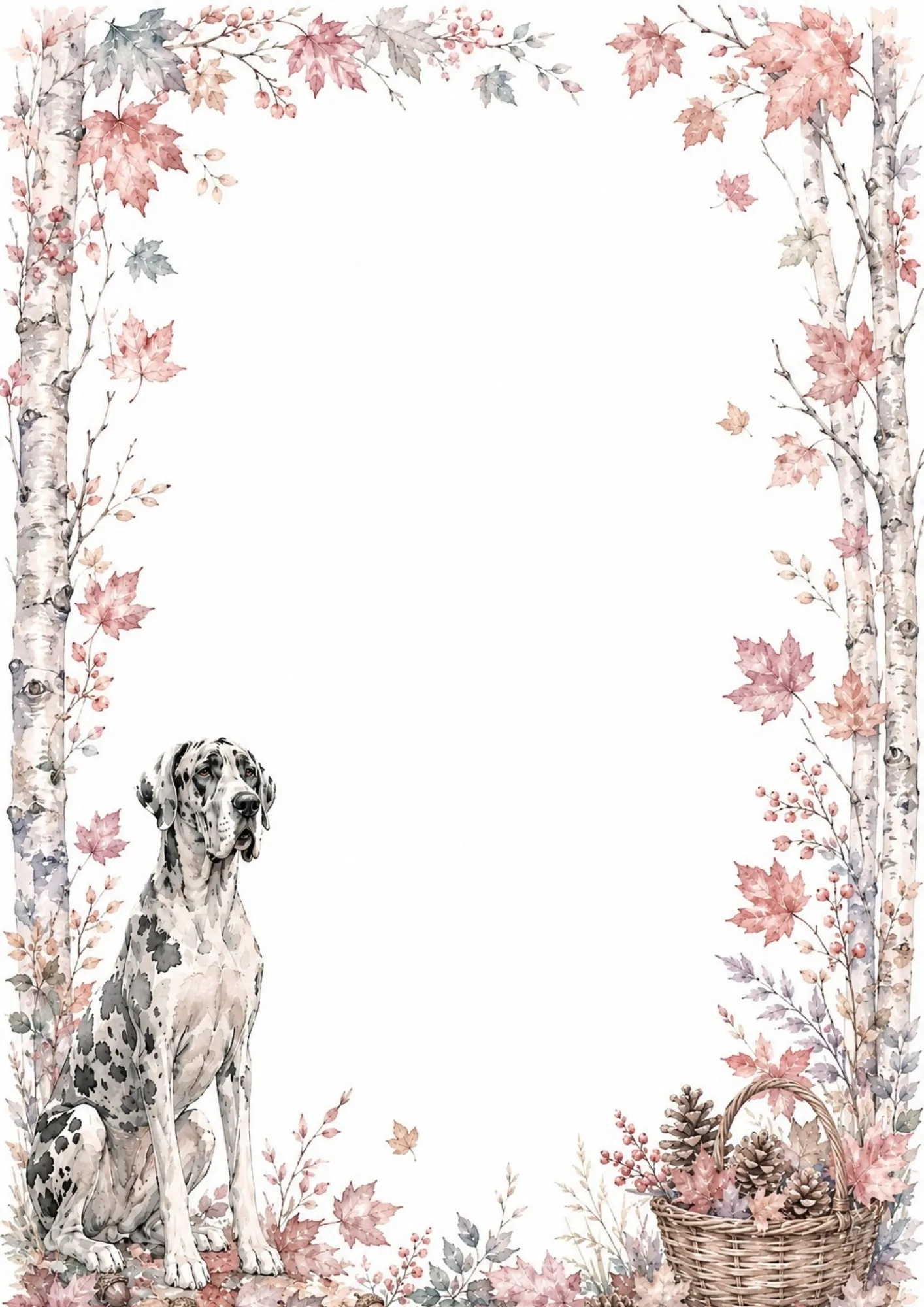 Seated Great Dane framed by white birch trees and falling pink watercolor autumn leaves.
