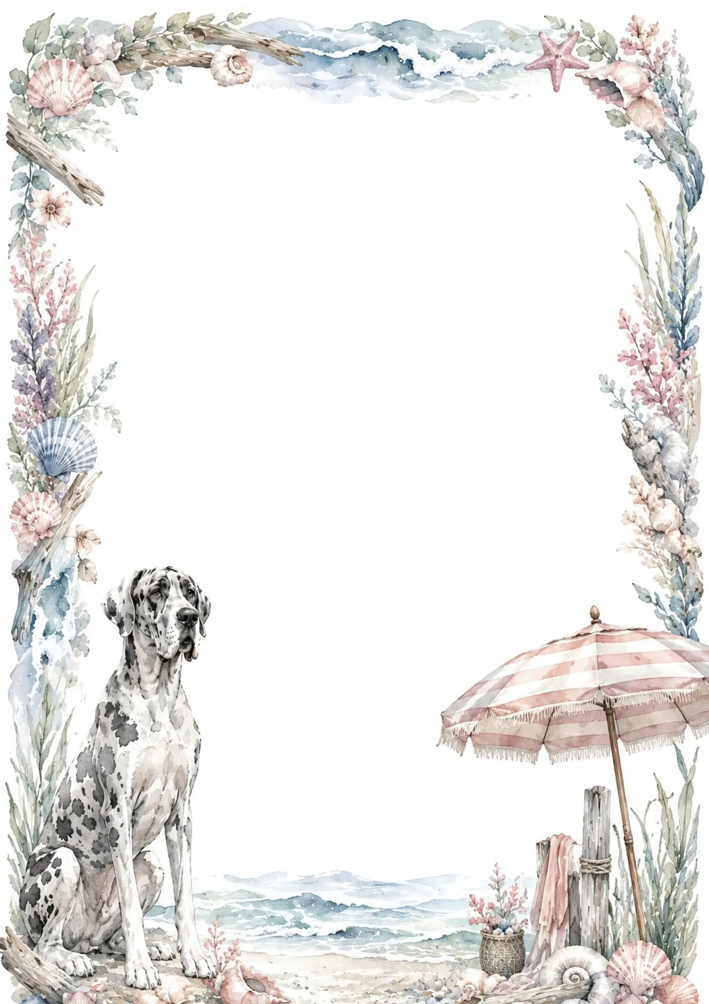 Harlequin Great Dane resting on the beach next to ocean waves, beach umbrella, and seashells.