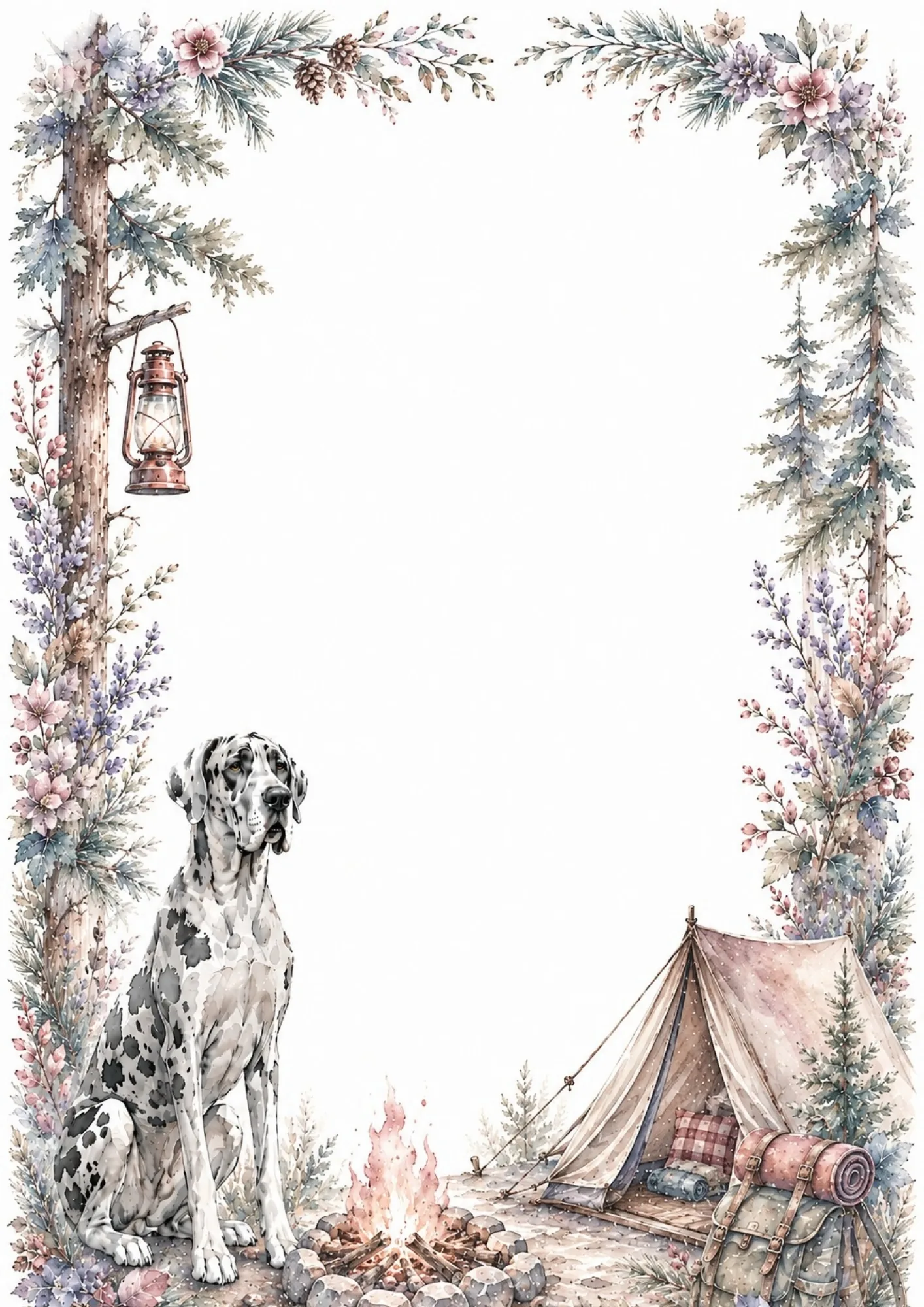 Great Dane sitting near a crackling stone campfire and canvas tent framed by pine branches.