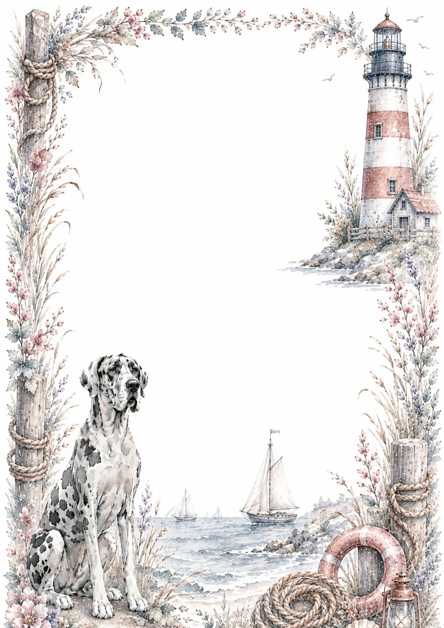Harlequin Great Dane sitting on a sandy beach near a coastal lighthouse and nautical accessories.