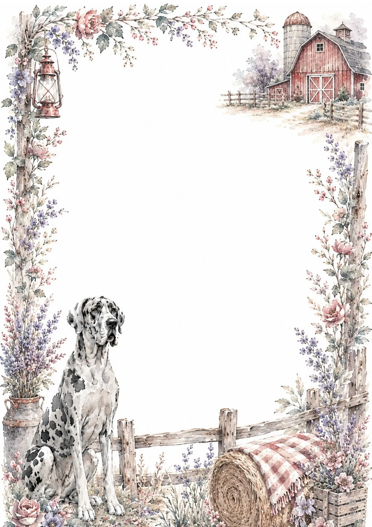 Watercolor portrait of a Great Dane sitting in front of a rustic red barn and country farmyard border.