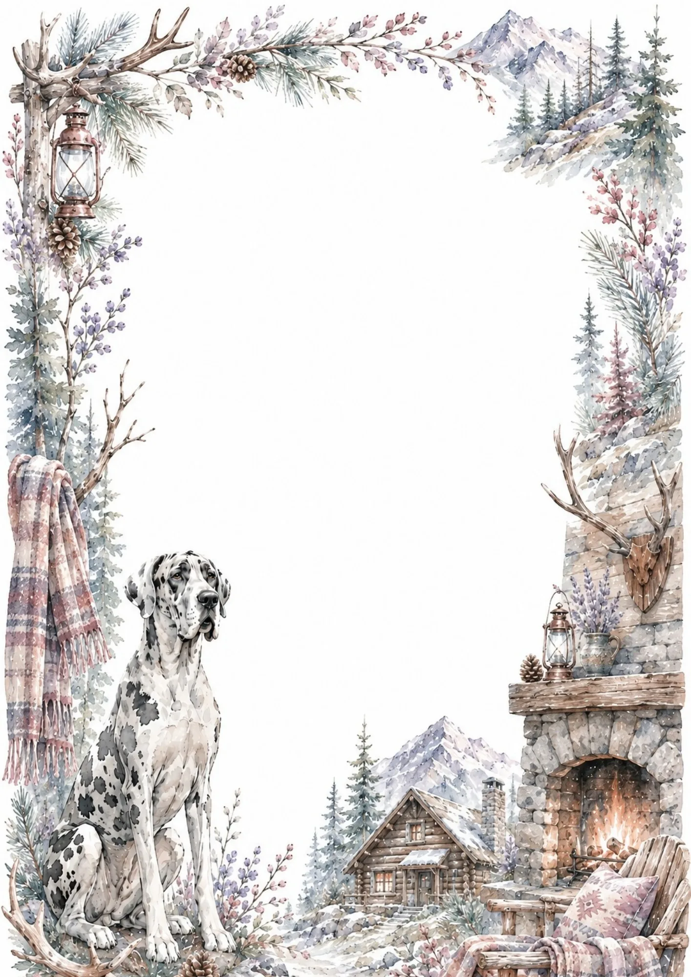 Great Dane seated next to a warm stone fireplace inside a rustic winter log cabin setting.