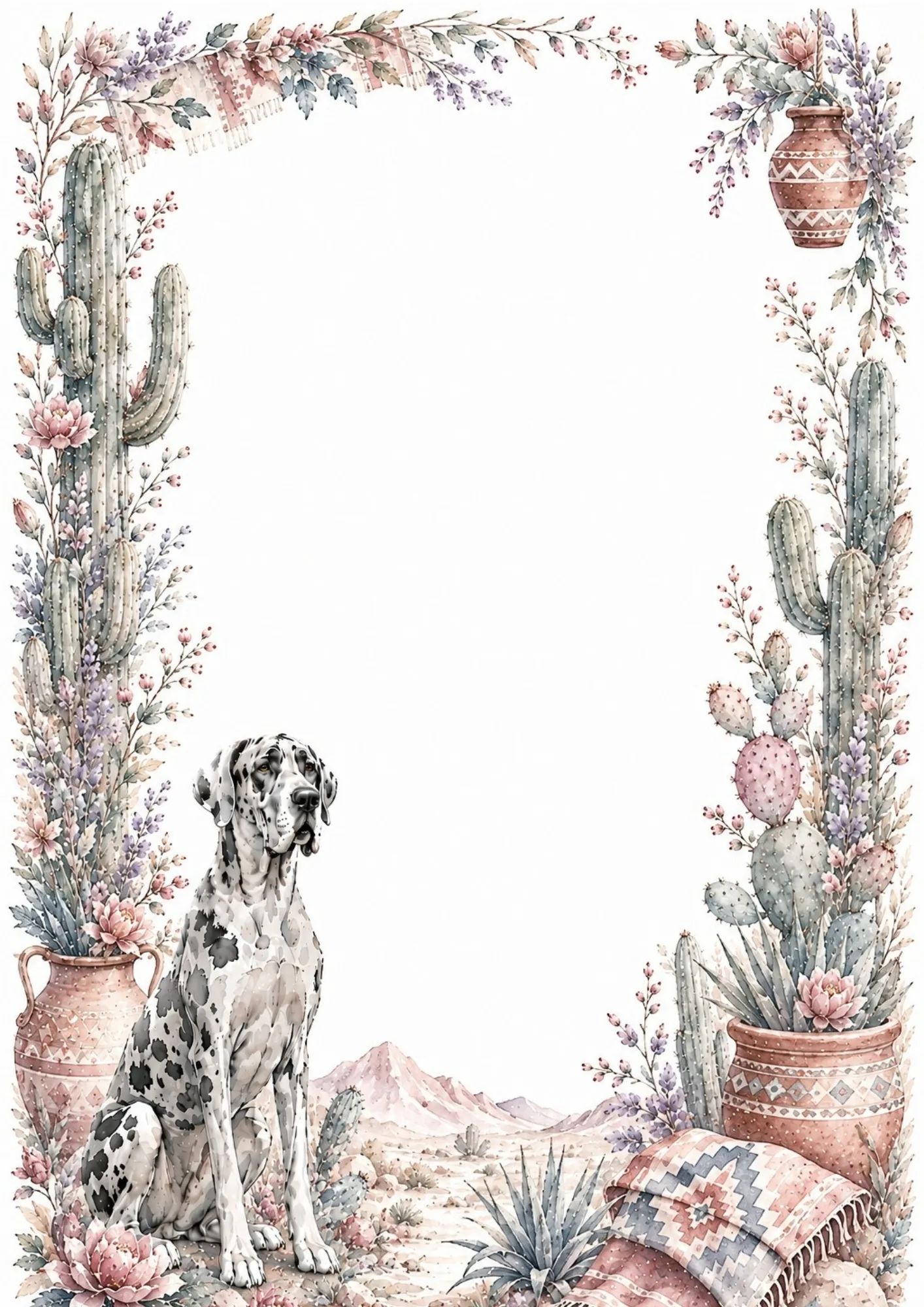 Harlequin Great Dane sitting in a watercolor desert landscape surrounded by cacti and terracotta pots.