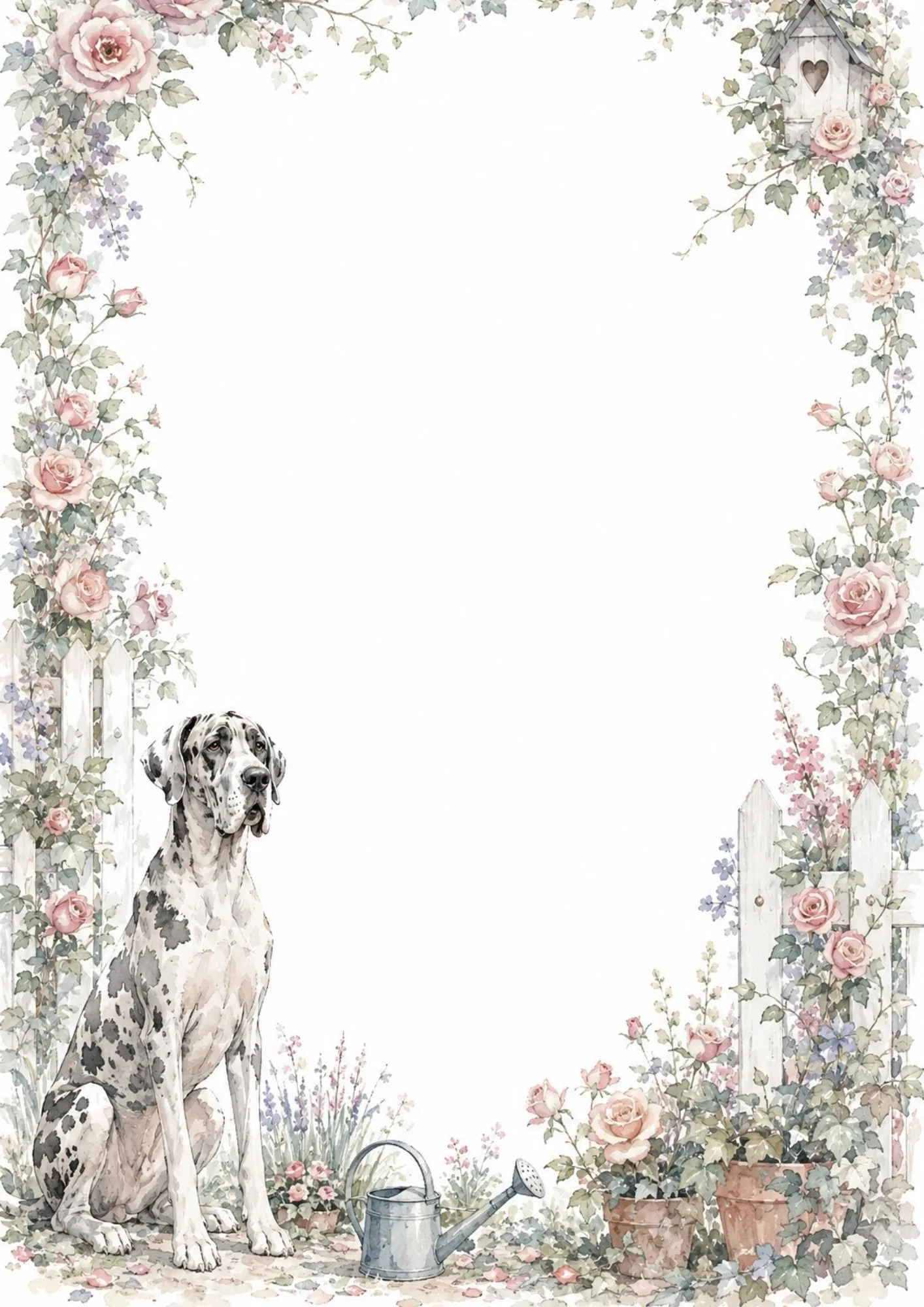 Great Dane sitting in a blooming cottage garden beside a white picket fence and watering can.