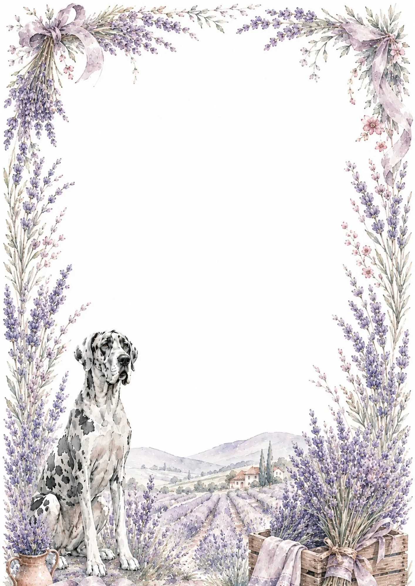 Great Dane seated before rolling purple lavender fields framed by soft watercolor lavender stems.
