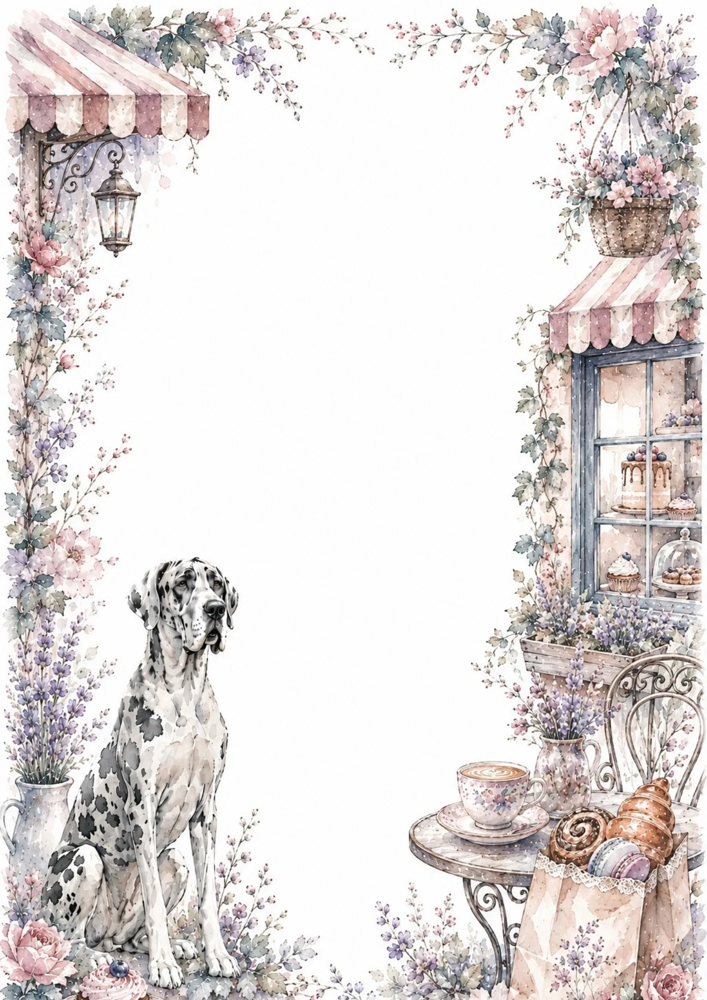 Great Dane sitting beside a cozy cafe bistro table with croissants and a bakery window border.