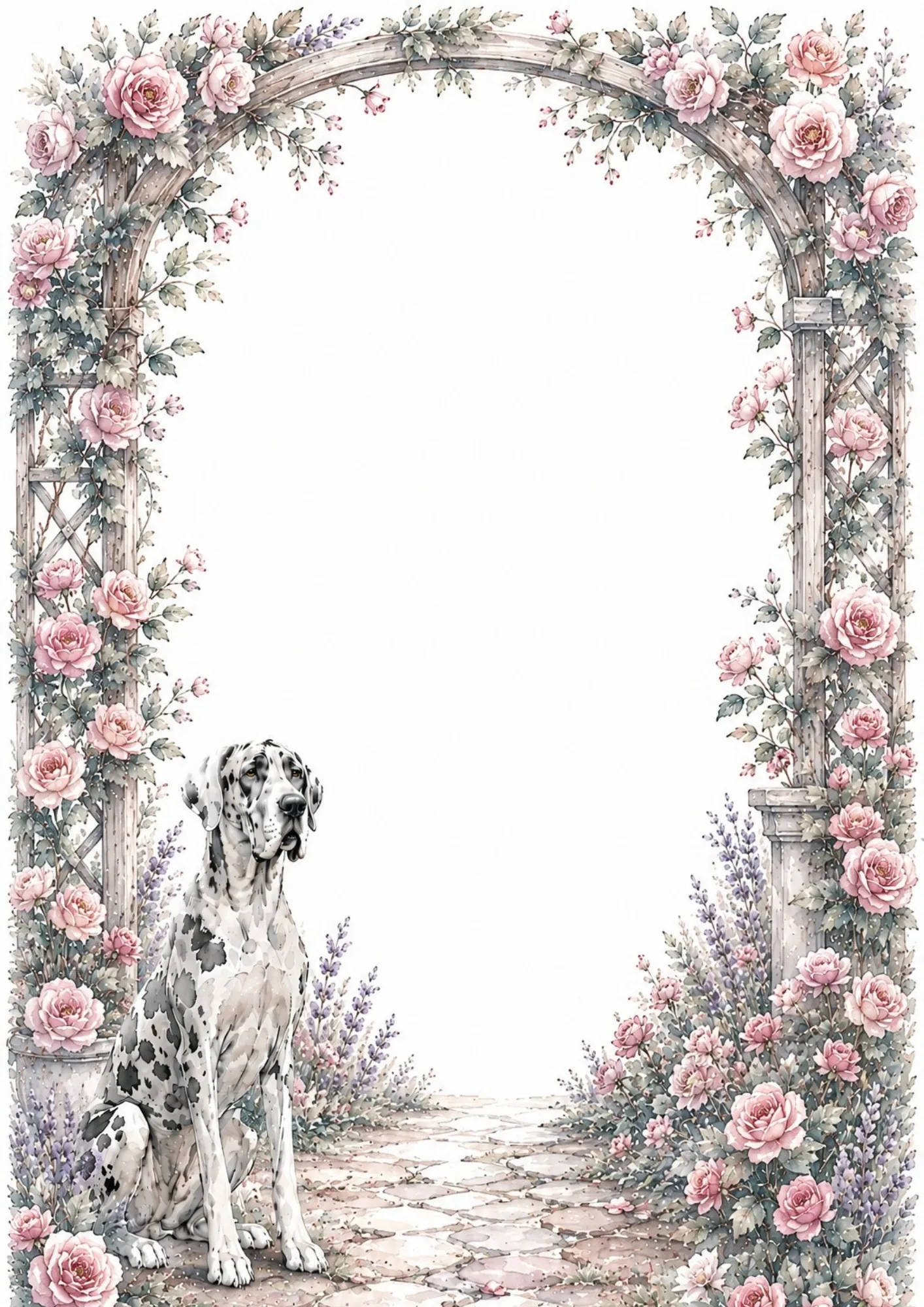 Seated Great Dane positioned under a floral wooden archway draped in soft pink watercolor roses.