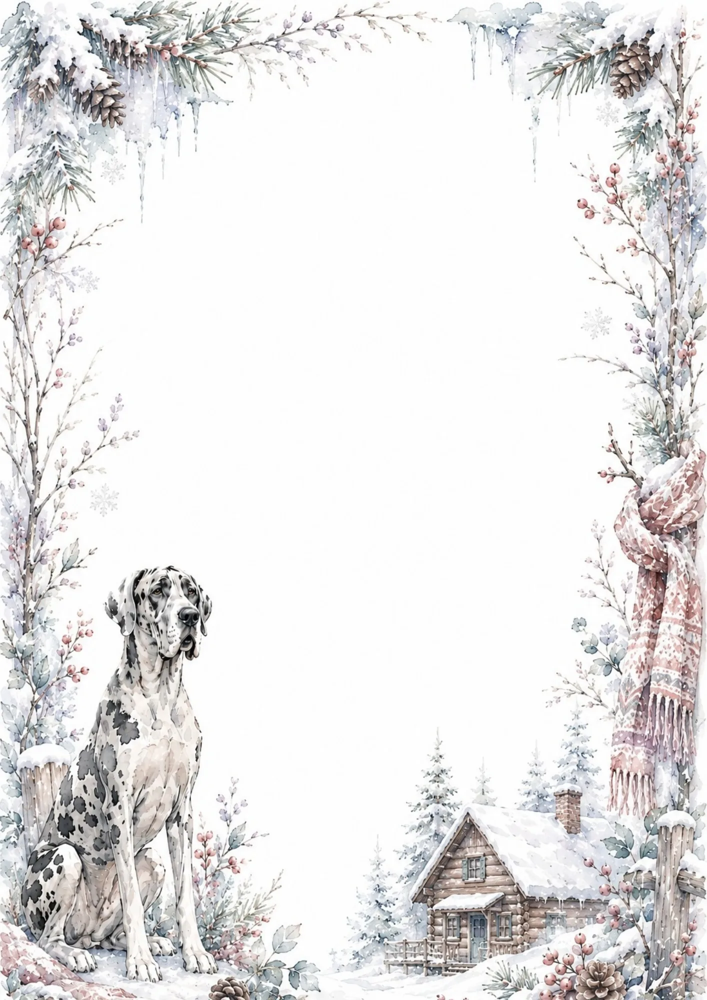 great dane stationery border page showing a harlequin dog seated in a snowy winter landscape.