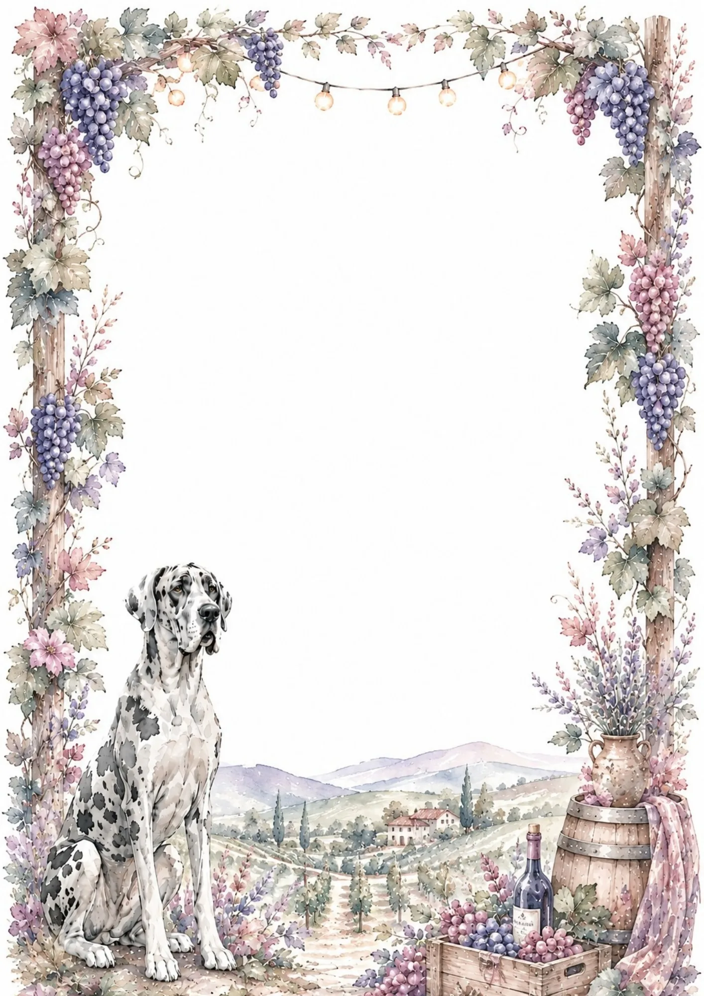 Harlequin Great Dane sitting in a sunny vineyard surrounded by grapevines and wine barrels.