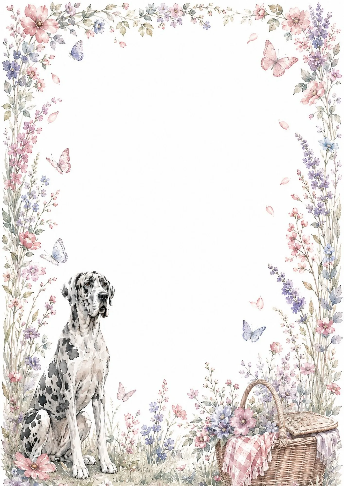 great dane stationery border sheet featuring a spotted dog in a colorful butterfly wildflower meadow.