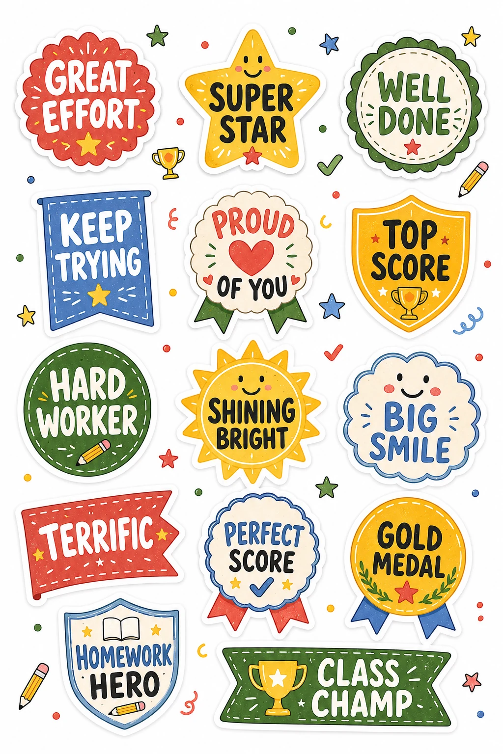 Great Effort Class Champ Reward Badges featuring daily motivation, praise badges, daily affirmations, and school rewards.
