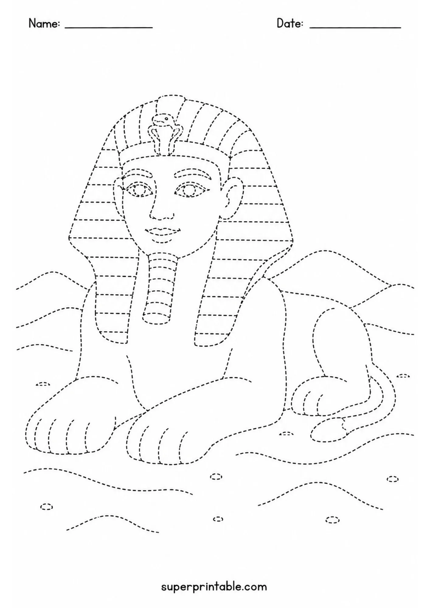 Dotted line tracing page of the Great Sphinx sitting in desert sand dunes.