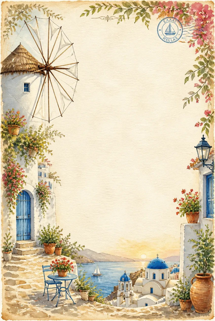 Mediterranean coastal border with a white sail windmill, blue domed churches, and sea view.
