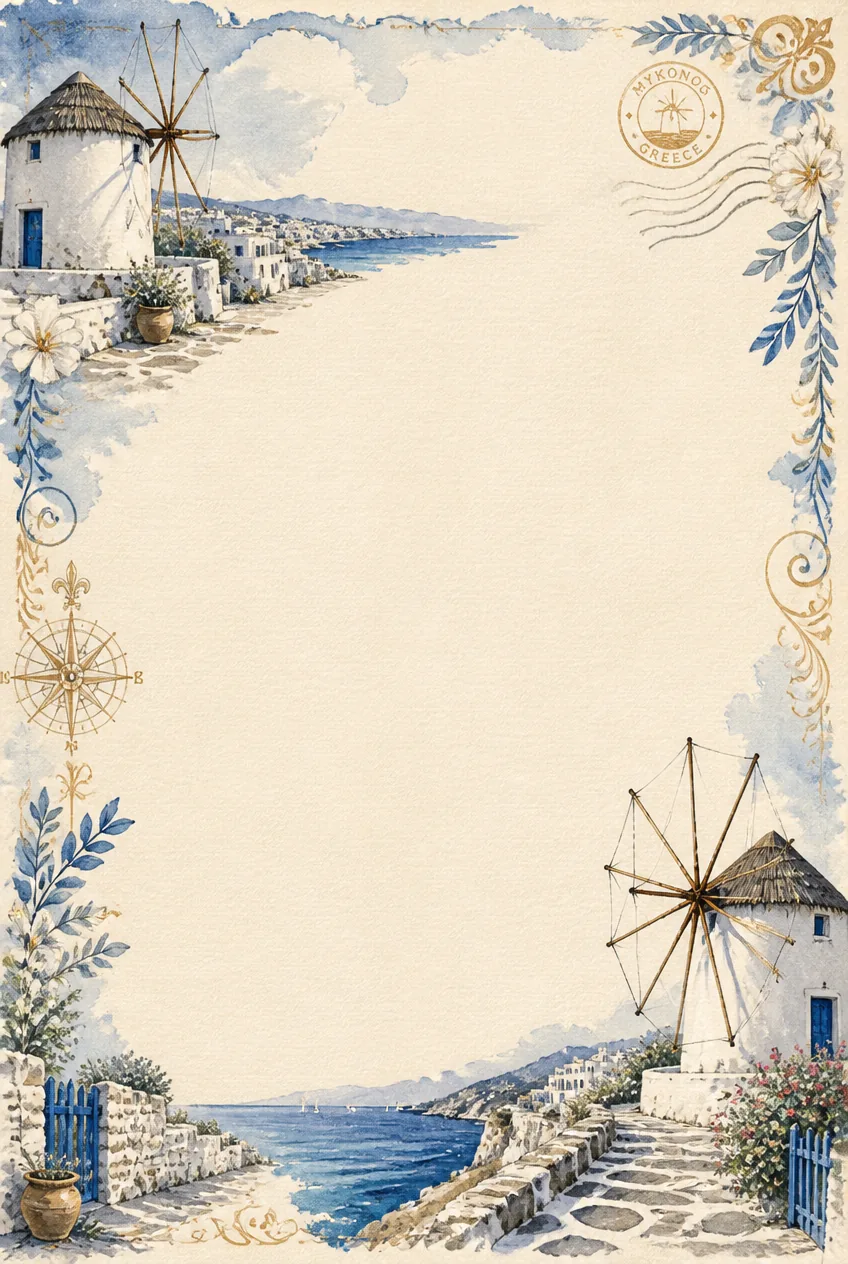 Watercolor frame of traditional white Aegean windmills along a blue sea in Mykonos Greece.