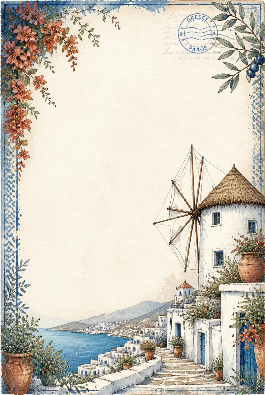 Greek island page border with a round white windmill on stone steps in Paros Greece.