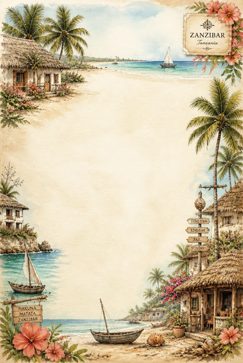 White-washed island buildings and blue ocean watercolor border framing a plain writing paper.