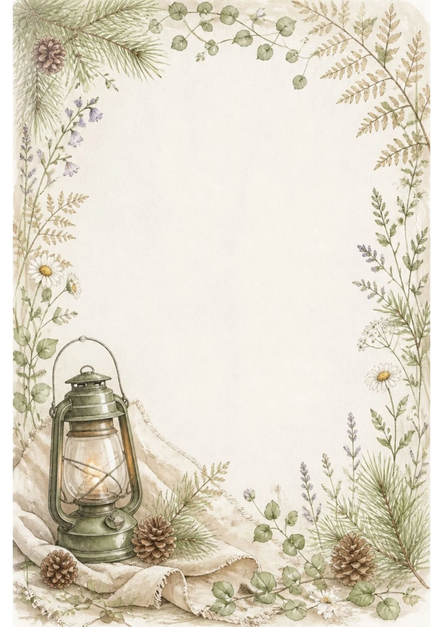Watercolor border with wildflowers, lavender bell blooms, and daisies framing a moss-green camp lantern on folded linen