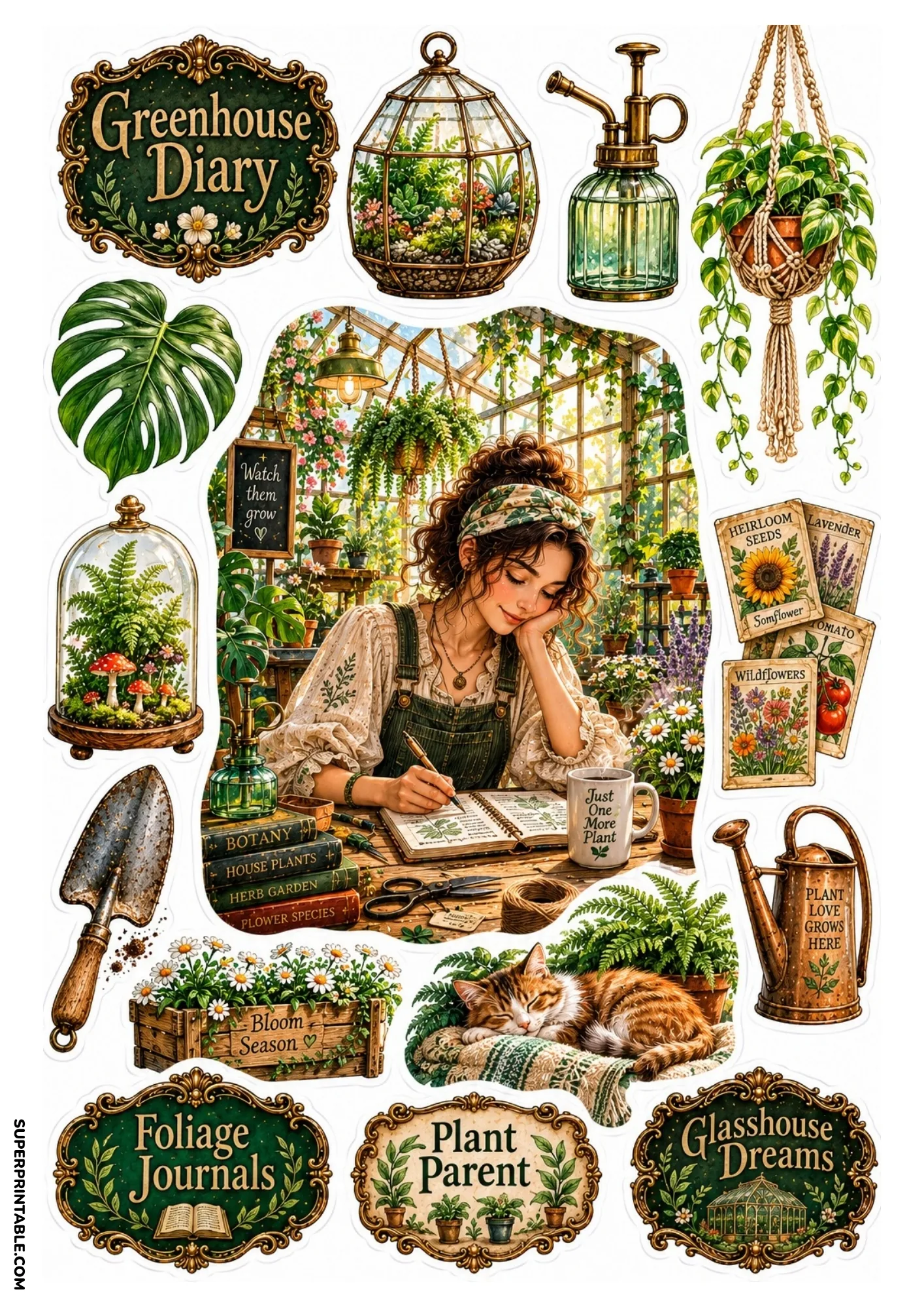 Woman journaling inside a glass greenhouse filled with potted plants, terrariums, sleeping cat, and mister.