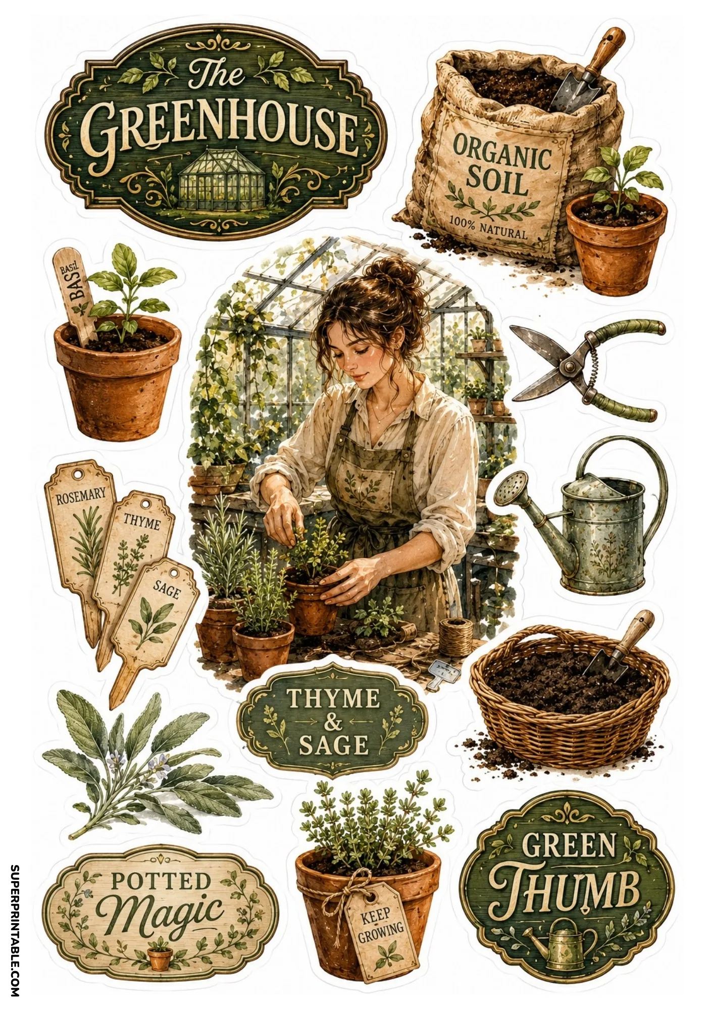 Greenhouse herb garden stickers depicting a woman potting herbs, organic soil bag, and wooden plant tags.