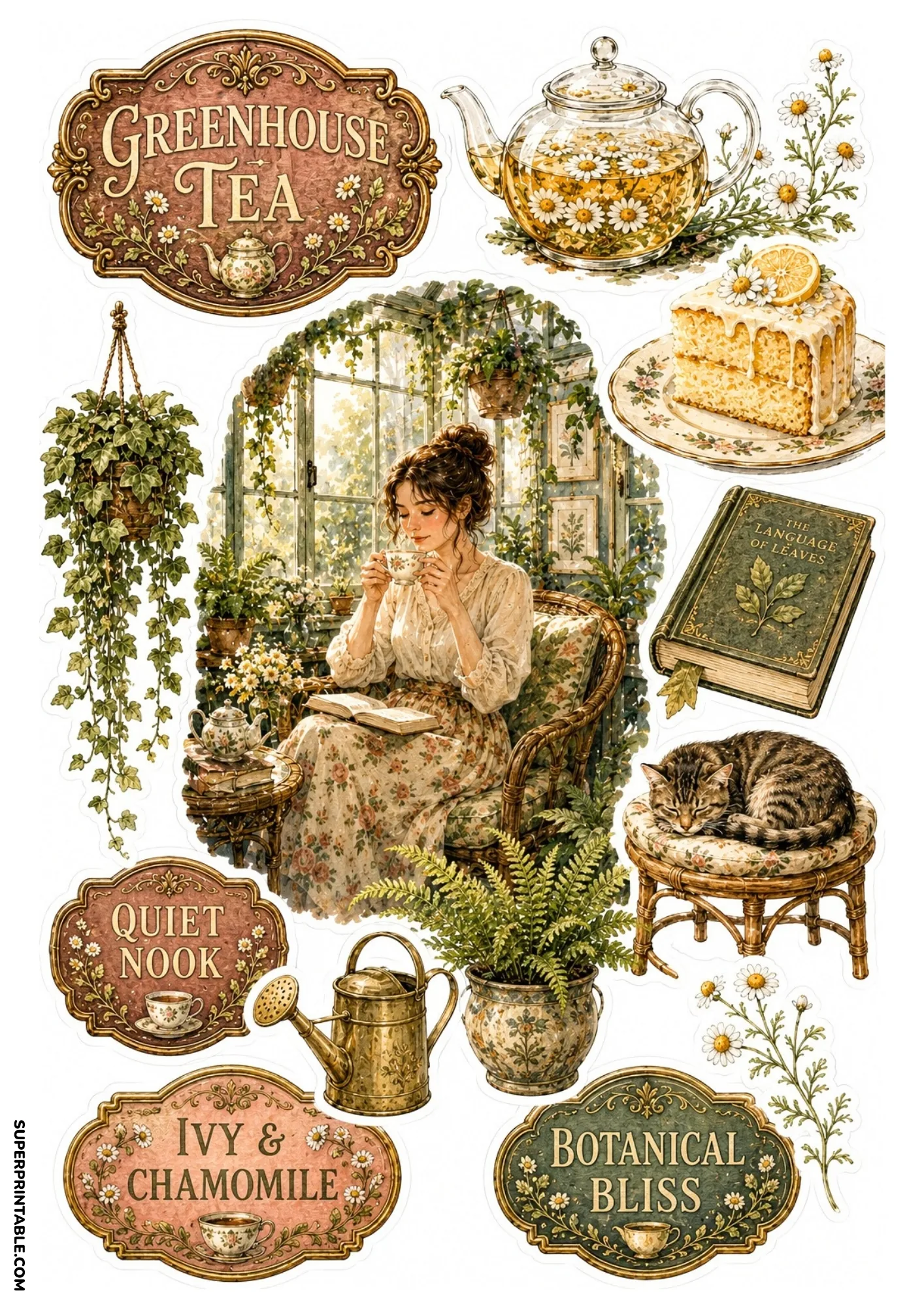 Cozy greenhouse tea stickers showing a woman reading with chamomile tea, sleeping cat, and herbal desserts.