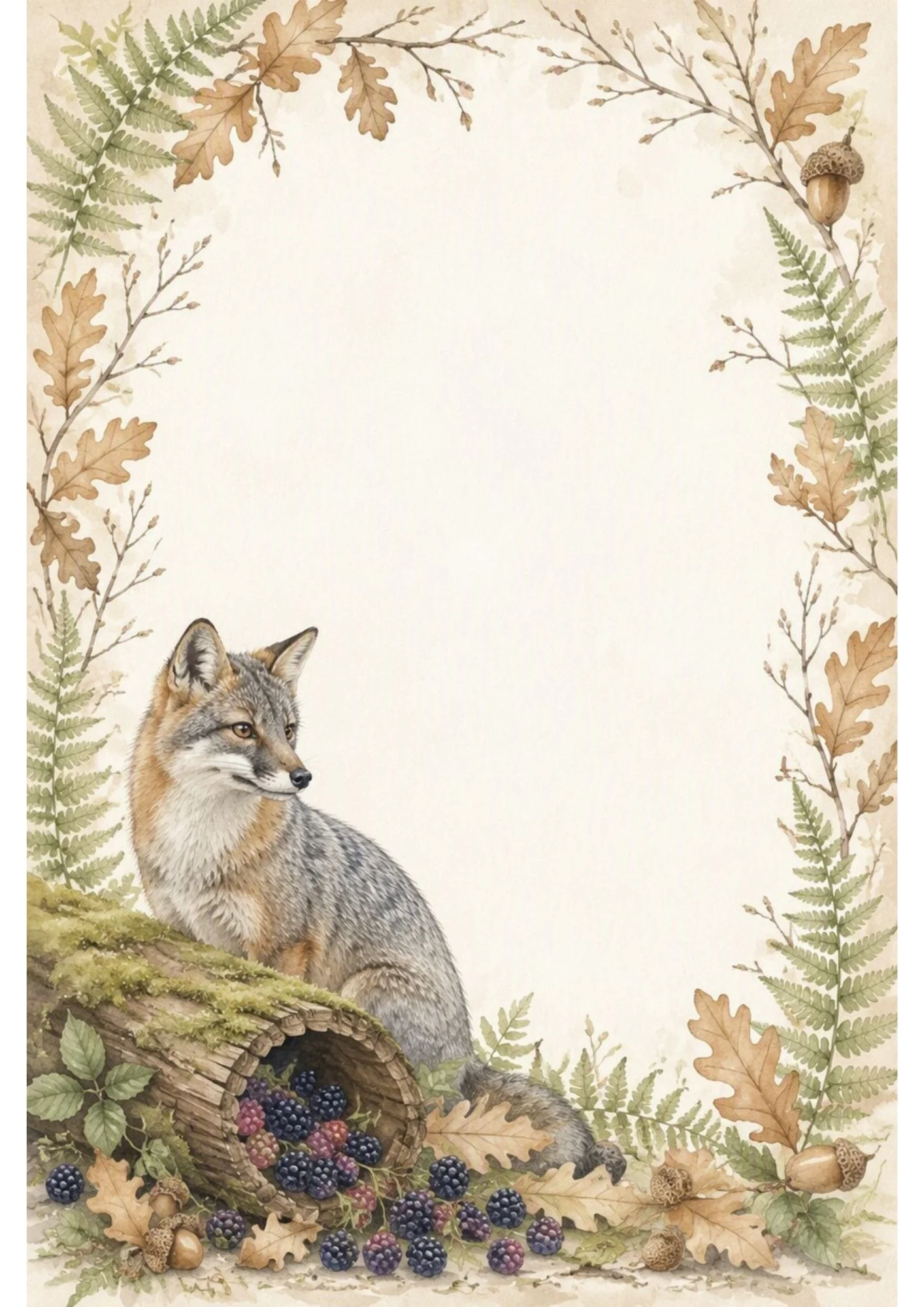 Watercolour border page with a grey fox beside a log basket of blackberries and acorns, framed by ferns and oak leaves