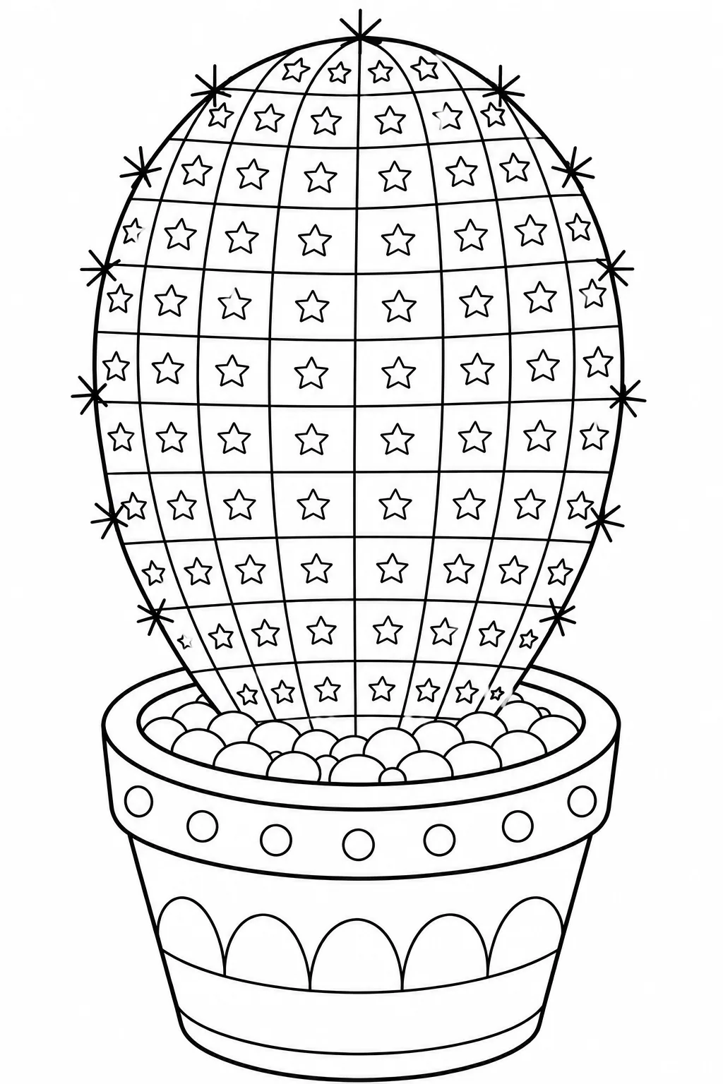 Structured square grid with stars inside a potted cactus.