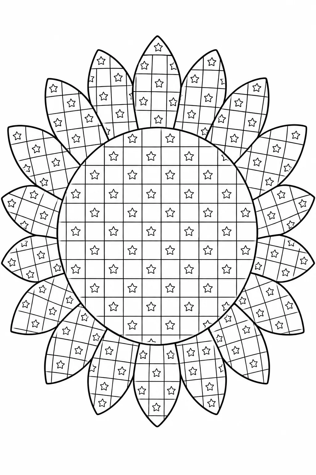 Structured grid mesh pattern sunflower outline decorated with repetitive star motifs.
