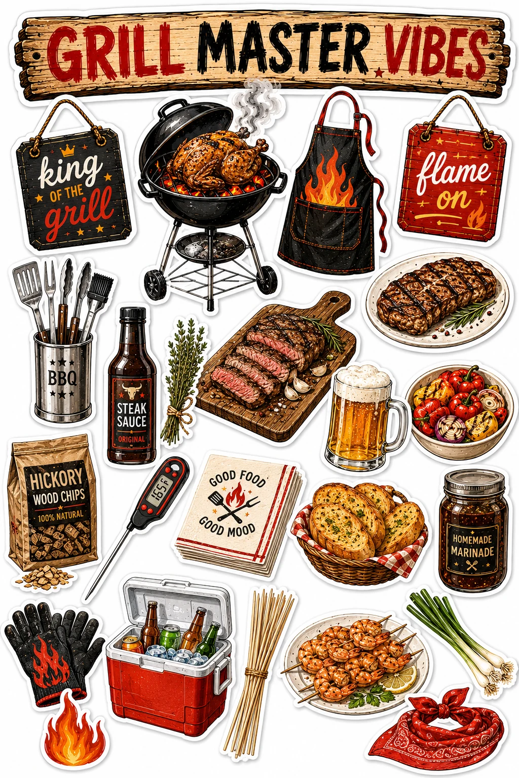 Grill Master Vibes Steak Charcoal Sheet featuring backyard BBQ, grill master equipment, smoked meats, and summer cookouts.