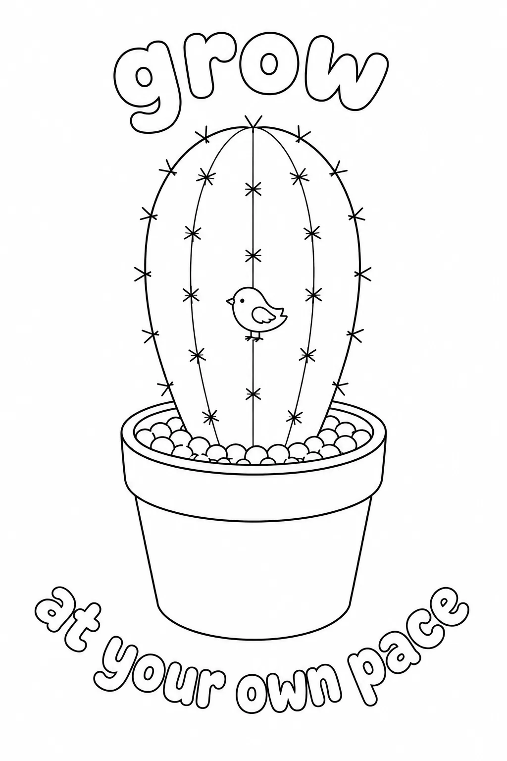 Small cute bird perched on a potted cactus to color.