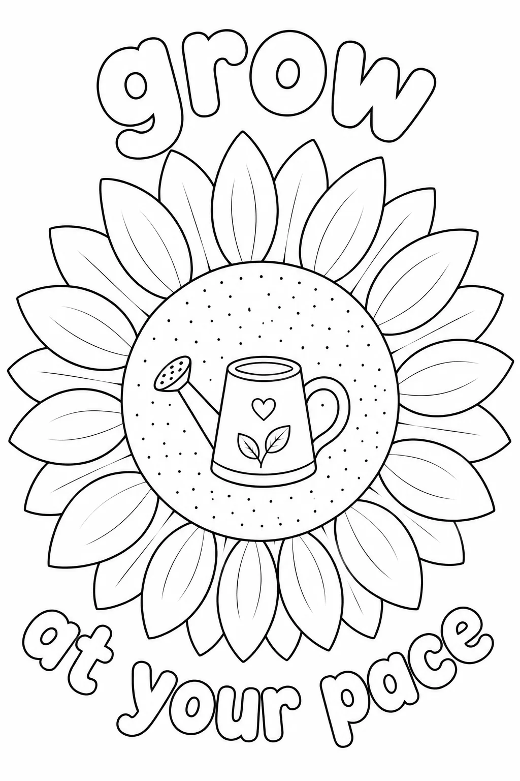 Watering can symbol inside a sunflower bloom with grow at your pace quote for coloring.