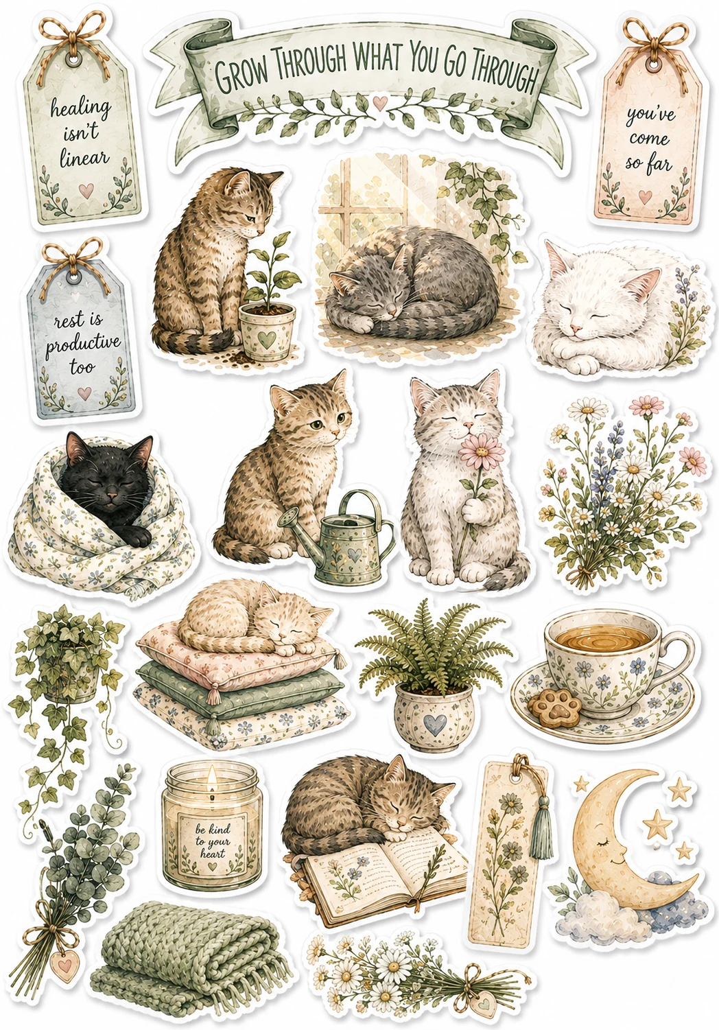 Grow Through Cat Greenery Tea Cup Sheet featuring cozy cats, mental health self-care, mindfulness, and gentle affirmations.