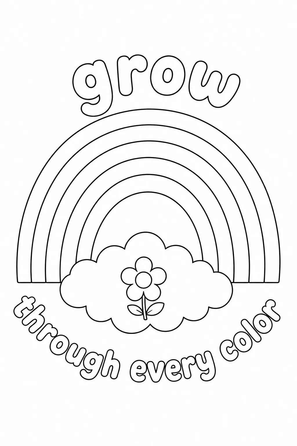 Grow Through Every Color rainbow page with a small flower in the cloud