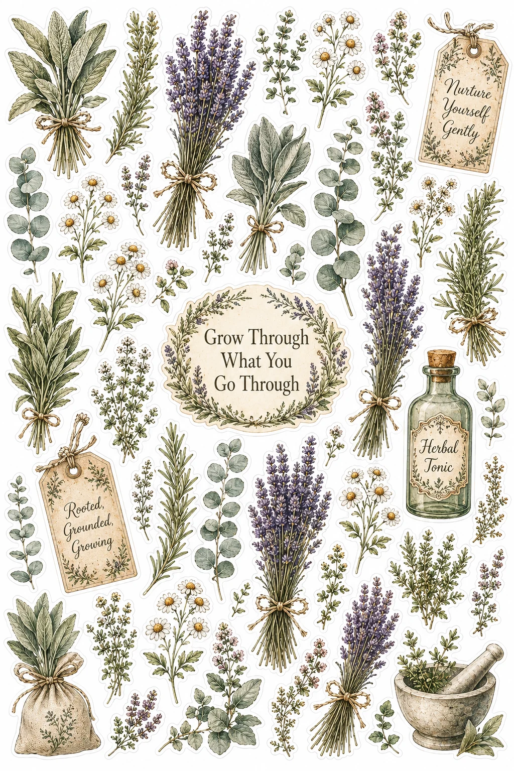 Grow Through Herbal Lavender Botanical Sheet featuring vintage botanical illustrations, garden roses, wildflowers, and herbs.