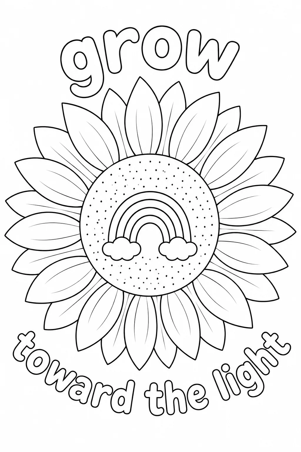 Sunflower line art page showing a small rainbow in the seed disc with inspirational quote text.