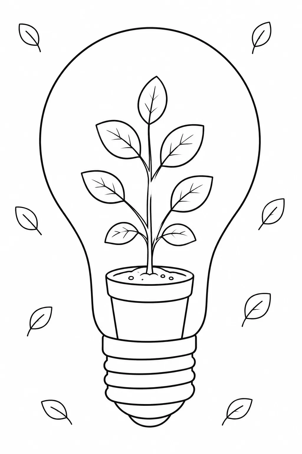 Young potted plant sprouting leaves inside a glass light bulb outline with falling leaf details.