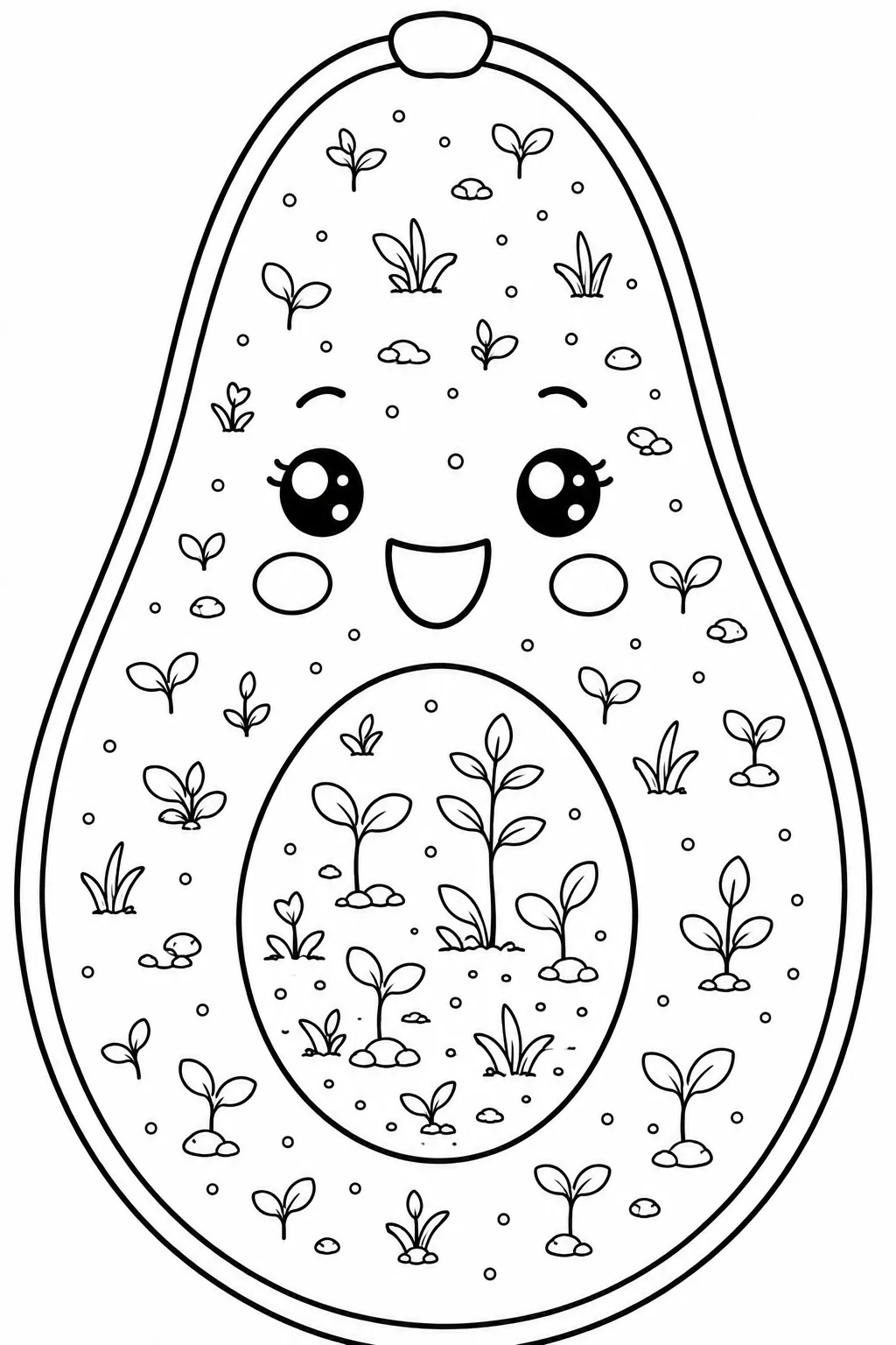 Cute avocado featuring a pattern of tiny plants and sprouts growing.