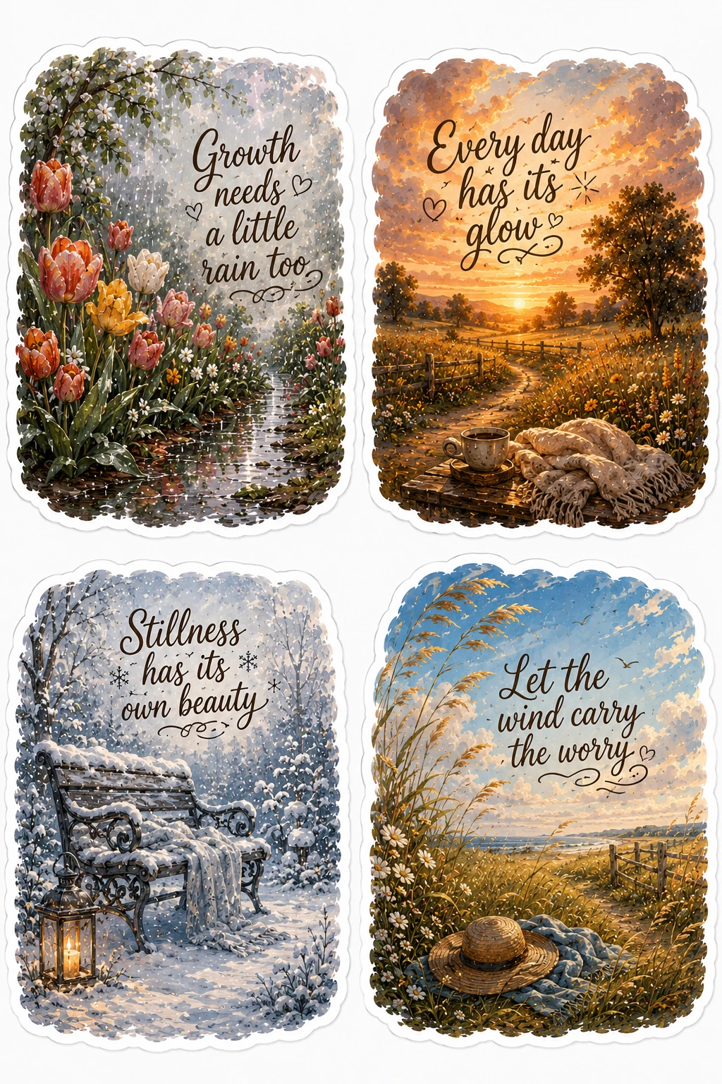 Growth Needs Rain Everyday Glow Wind Sheet featuring scenic nature landscapes, peaceful weather aesthetic, seasonal changes, and calm quotes.