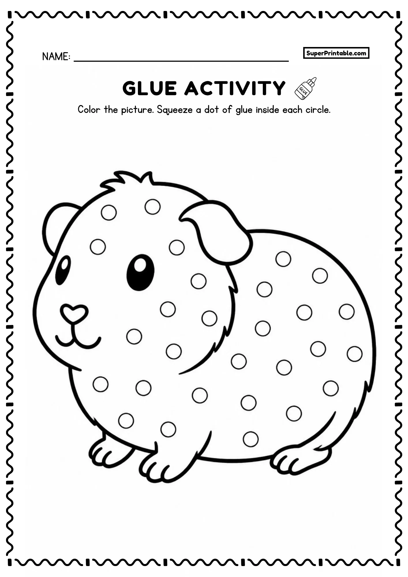 Fluffy guinea pig printable glue worksheet with rounded ears and dot circles for kids