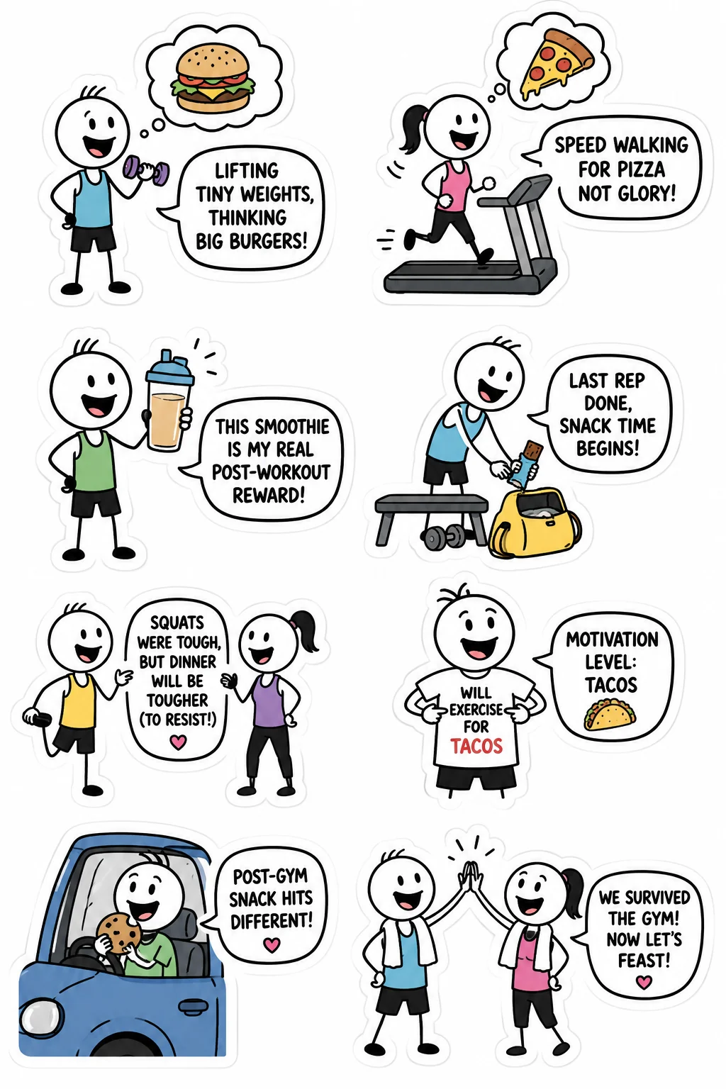 Printable gym and fitness fails sticker sheet with eight post-workout snack stick-figure stickers