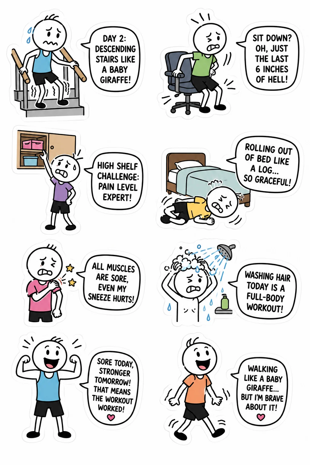 Printable gym and fitness fails sticker sheet with eight day two soreness stick-figure stickers