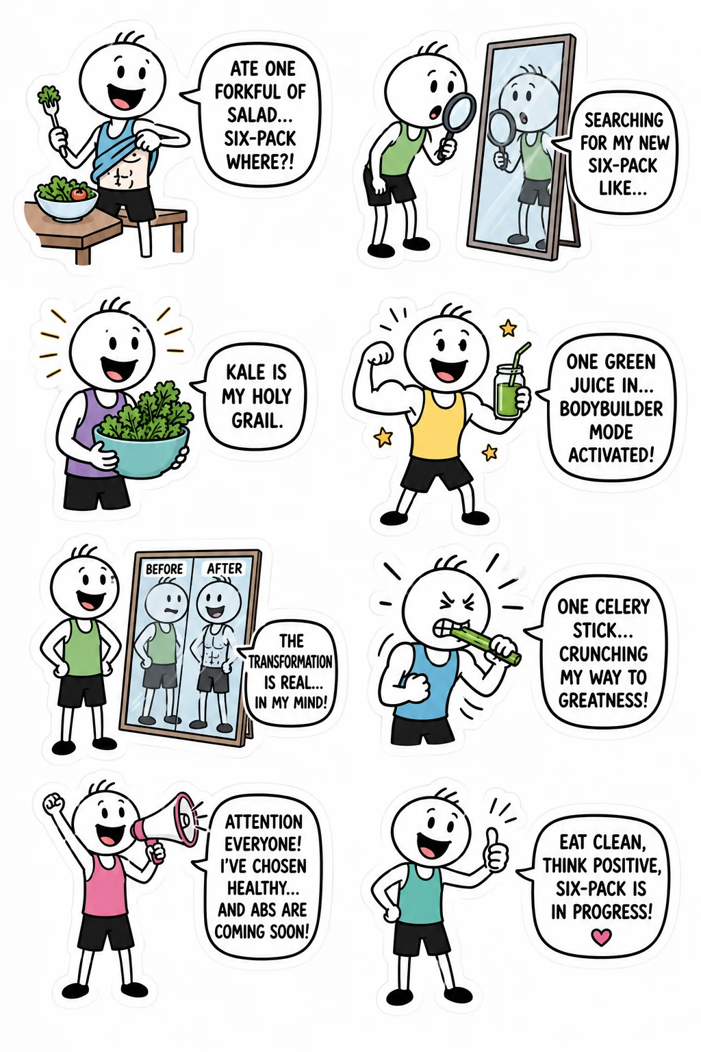 Printable gym and fitness fails sticker sheet with eight one salad abs stick-figure stickers