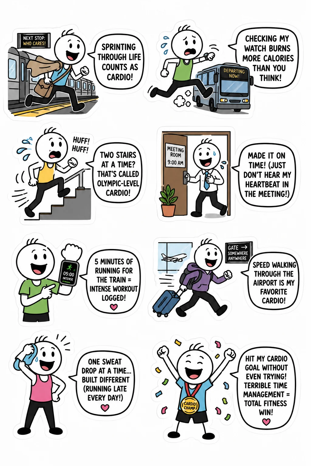 Printable gym and fitness fails sticker sheet with eight running late cardio stick-figure stickers