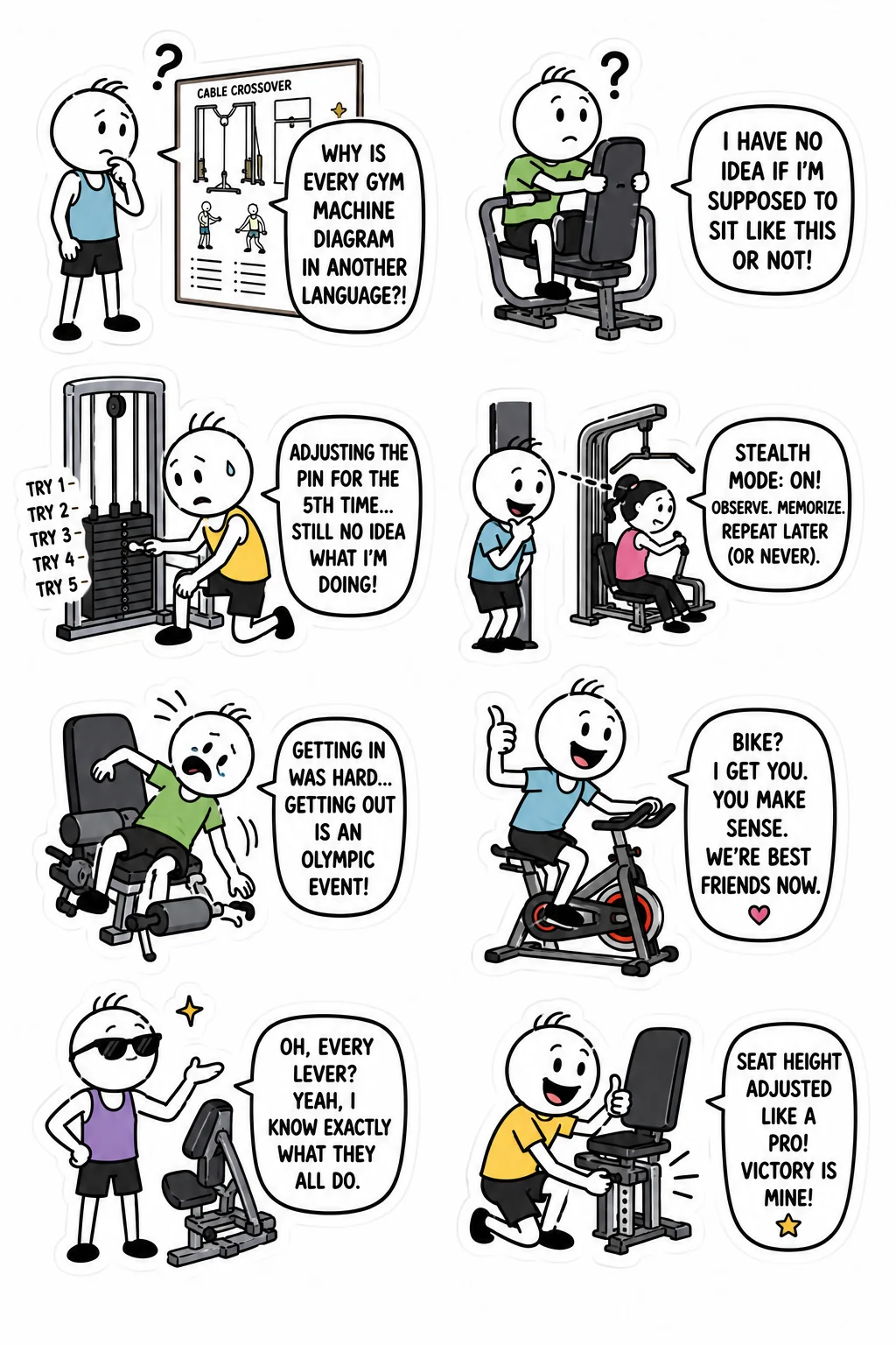 Printable gym and fitness fails sticker sheet with eight confusing gym machines stick-figure stickers