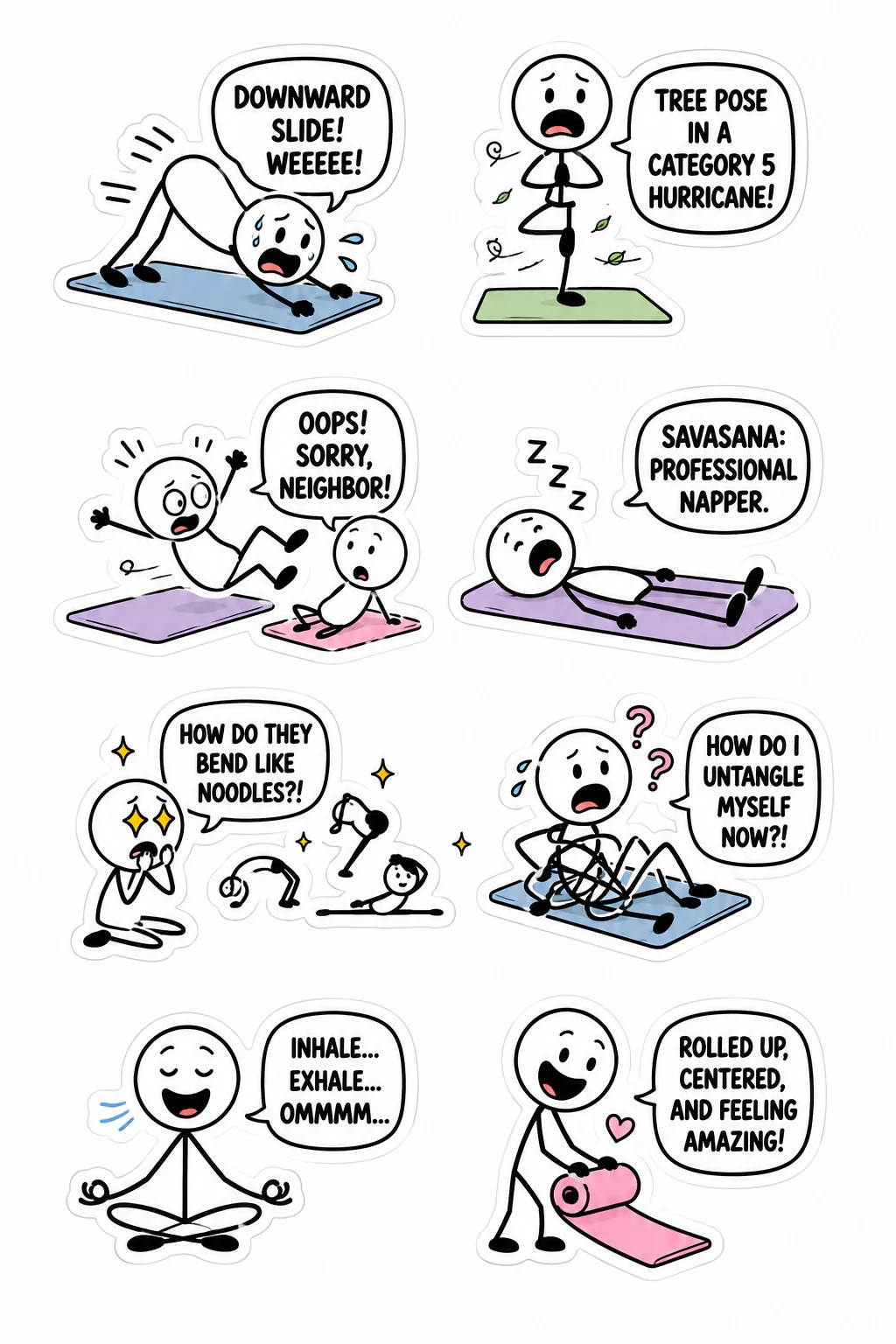 Printable gym and fitness fails sticker sheet with eight yoga pretzel stick-figure stickers