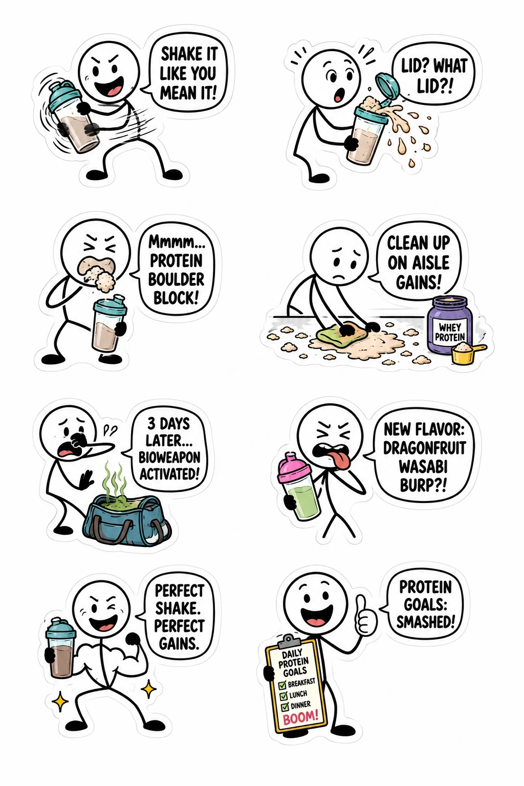 Printable gym and fitness fails sticker sheet with eight protein shake clumps stick-figure stickers