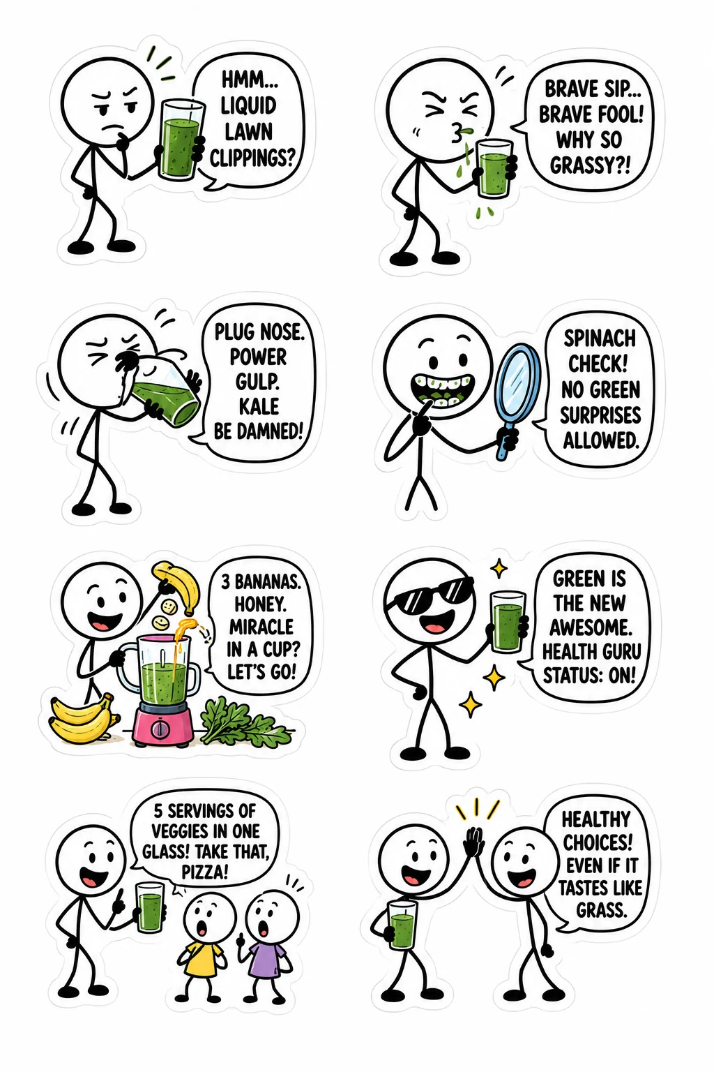 Printable gym and fitness fails sticker sheet with eight green smoothie stick-figure stickers