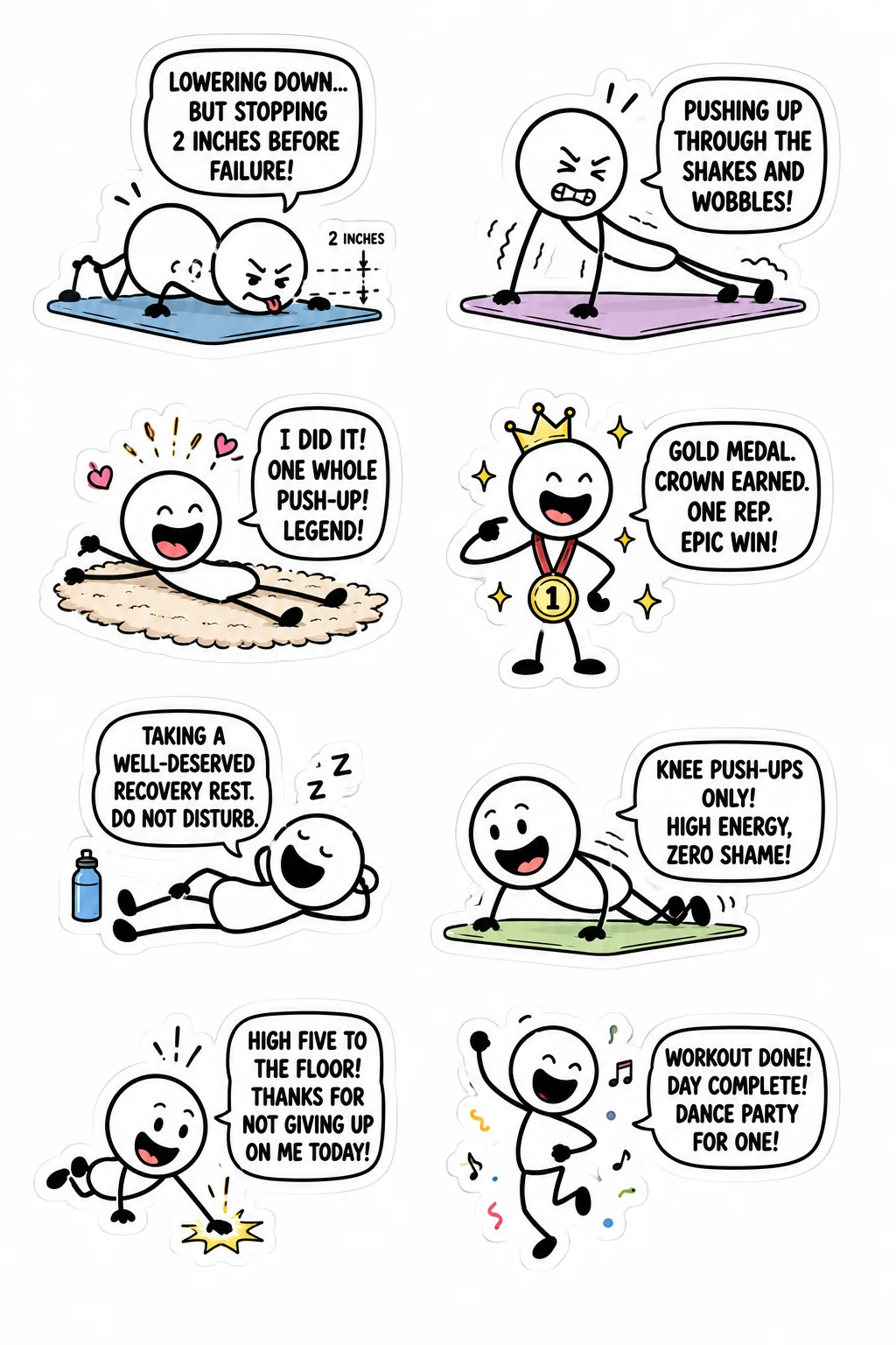 Printable gym and fitness fails sticker sheet with eight one push-up stick-figure stickers
