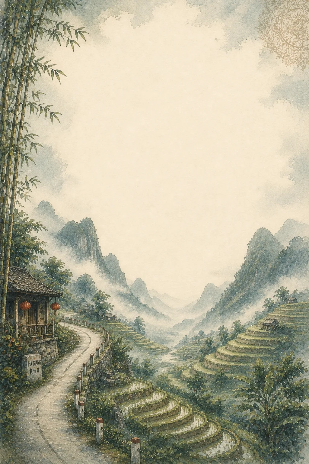 Soft mountain landscape watercolor border displaying winding roads and terraced hills with a stone marker.